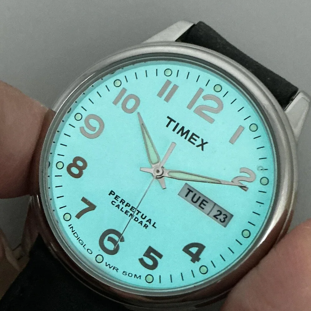 Timex Perpetual Calendar Mens Watch 37mm Silver Tone Leather Indiglo New Batt